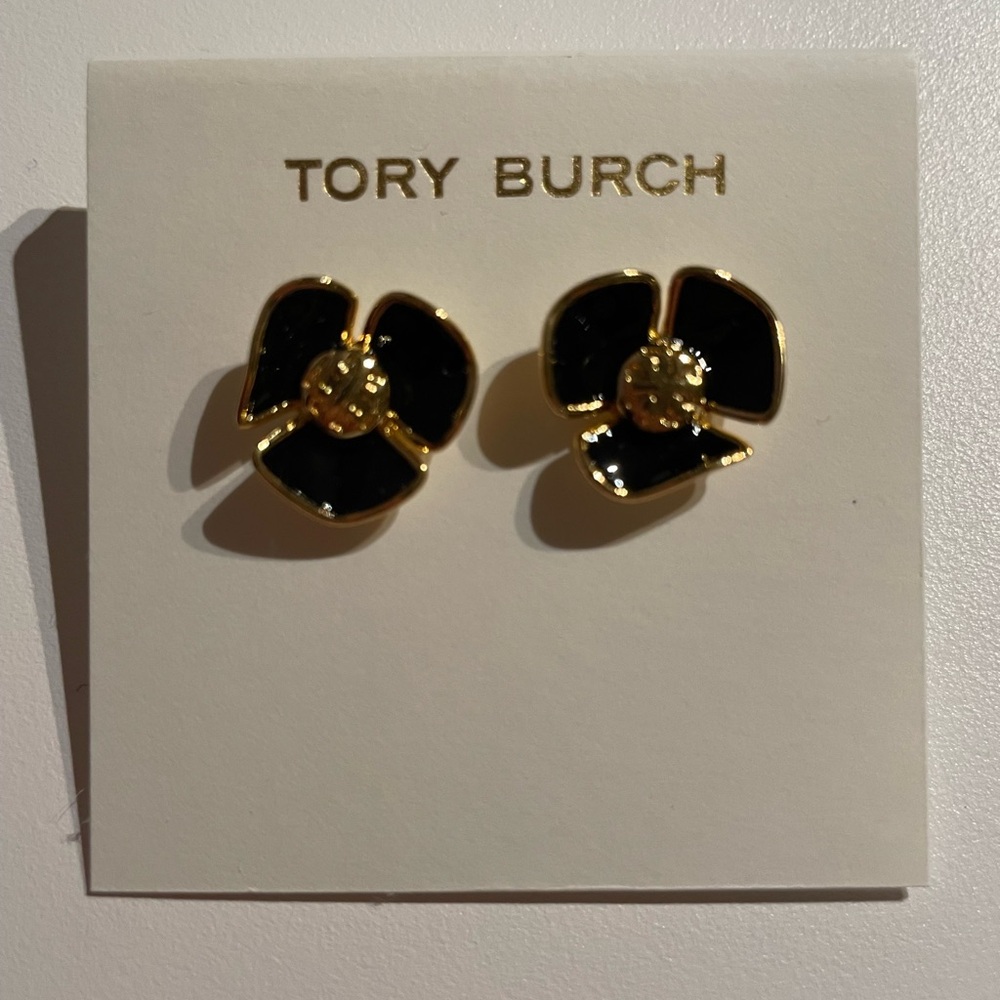 Tory Burch Black and Gold Floral Studs - Picture 2 of 2